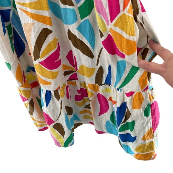 Tabitha Brown Linen Blend Botanical Smocked Puff Sleeve Tiered Dress Size Medium - Picture 9 of 14